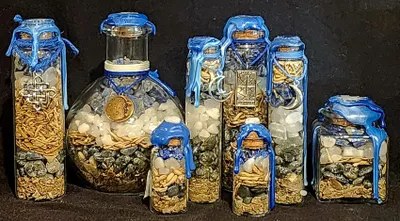 Insight spell jars: a group of blue-wrapped jars