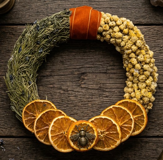 Gratitude wreath of rosemary, chamomile buds and orange slices with a bee charm and rust velvet ribbon