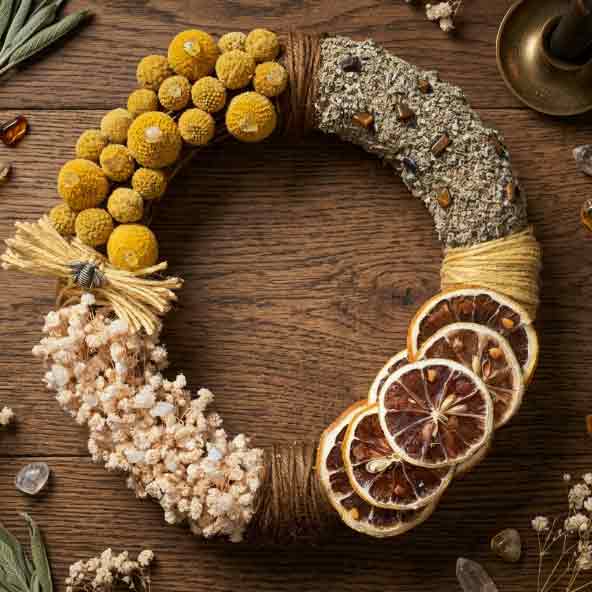 Lughnasadh wreath of golden billy buttons, cream dried florals, dried orange slices and summer greens with a raffia tassel