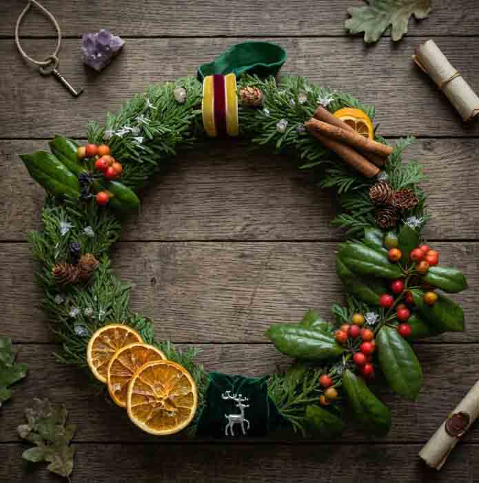 Yule wreath of evergreens, holly berries, pinecones and orange slices on a wooden table